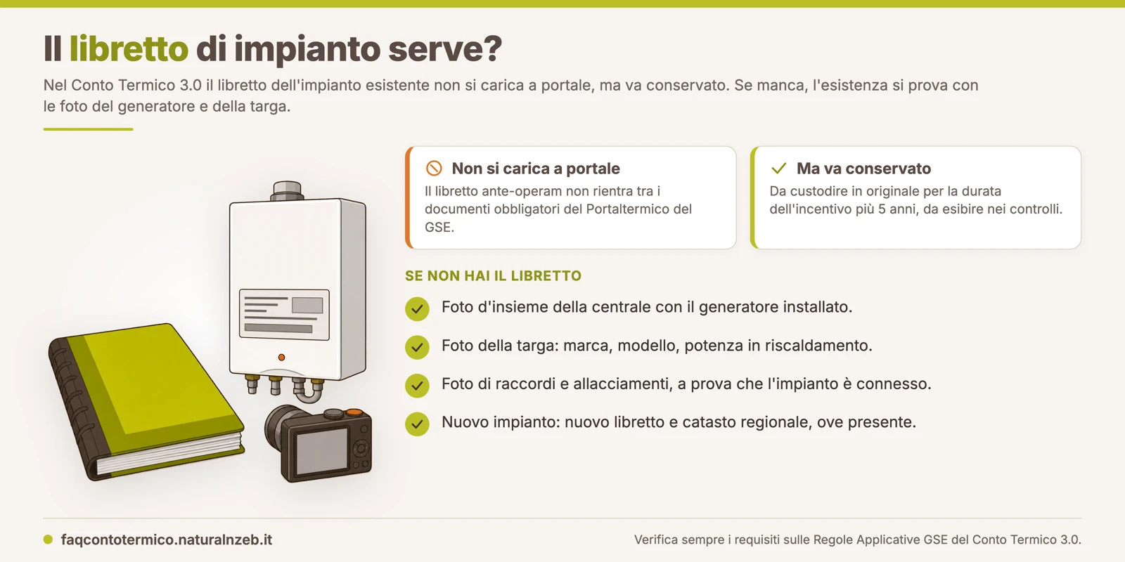Libretto di impianto nel Conto Termico 3.0: non si carica a portale ma va conservato, e in sua assenza l'impianto si prova con foto del generatore e della targa
