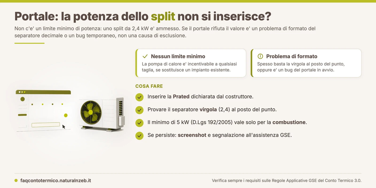 Conto Termico 3.0: nessun limite minimo di potenza, lo split da 2,4 kW e ammesso; se il portale lo rifiuta e un problema di formato del separatore
