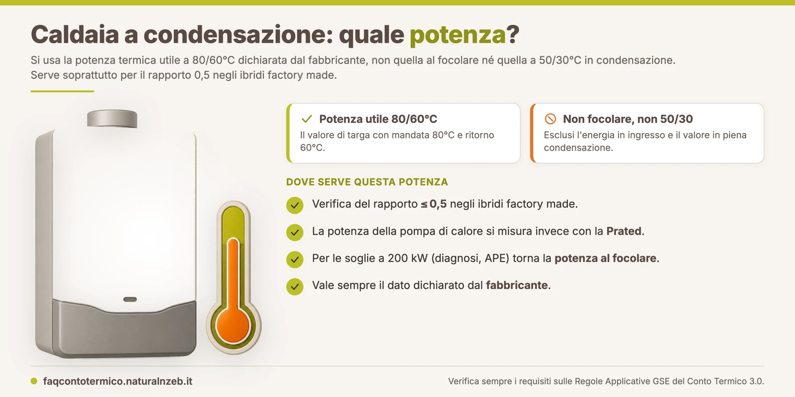 Conto Termico 3.0, potenza della caldaia a condensazione: si usa la potenza termica utile a 80/60°C, non quella al focolare