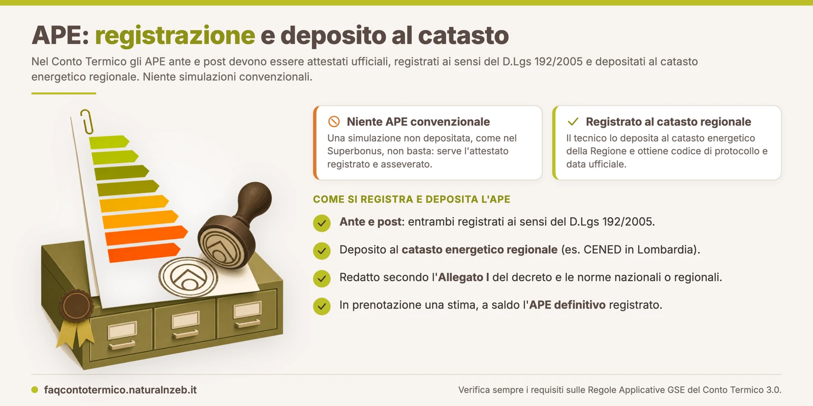 Conto Termico 3.0: l'APE va registrato e depositato al catasto energetico regionale con codice di protocollo, non basta una simulazione convenzionale