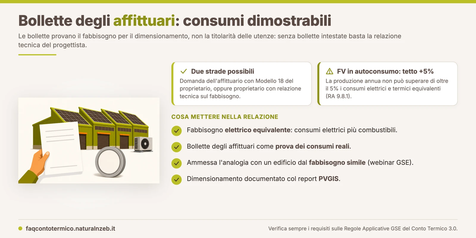 Consumi del capannone dimostrabili anche con bollette intestate agli affittuari: relazione tecnica sul fabbisogno